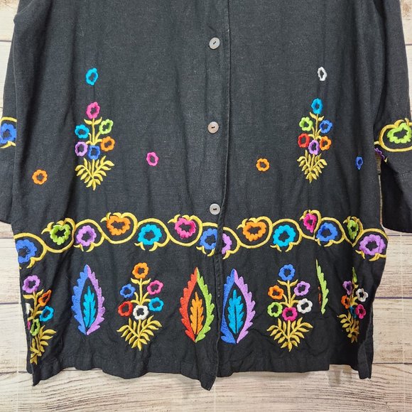 Linea by Louis Dell'Olio Embroidered Bohemian Womens Button Front Black Top L - Picture 3 of 15